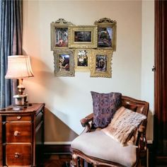 a living room with pictures on the wall and a chair in front of a window