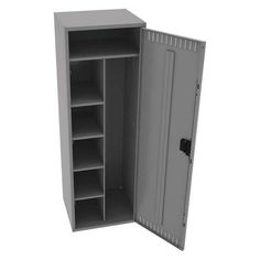 an open gray metal cabinet with shelves on both sides and one door opened to reveal the contents