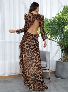 Sexy Leopard Chiffon Dress Cut Out Open Back Chiffon Party Dress, Leopard Print Pattern, Party Kleidung, Hi Low Dresses, Wool Blend Jacket, Mini Robes, Maxi Robes, Leopard Dress, Open Back Dresses