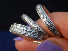 The Florals Set comes with three stunning floral bands forged in sterling silver. They will be so fun to mix and match with any rings you already have! They also make perfect friendship rings! Details: This ring set comes with three beautifully etched floral bands Sterling silver I can make this set in any size from 4 - 17. Just let me know with a note at checkout! This item will be shipped within 10 business days. Each piece is handmade by me in my studio by the beach in beautiful Marina Del Re Violet Moon, Permanent Jewelry, Friendship Rings, By The Beach, Moon Jewelry, Fantasy Jewelry