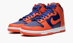 The Nike Dunk High “Knicks” is a two-tone, orange and blue colorway of the retro basketball shoe reminiscent of the New York Knicks team uniform colors.  The Dunk High “Knicks” colorway is designed in the same two-tone color block as the colorways from 1985’s college basketball-inspired “Be True to Your School” pack.  The upper has a Deep Royal Blue leather base with contrasting orange leather overlays and Swoosh branding.  An orange “Nike” logo is paired with an orange Swoosh on the blue nylon Casual Orange High-top Basketball Shoes, Nike Orange High-top Sneakers With Abzorb Midsole, Blue High-top Basketball Sneakers, Multicolor High-top Leather Basketball Shoes, Nike Dunk High 1985 Arctic Orange, Naruto Shoes, High Top Tennis Shoes, Retro Basketball Shoes, School Pack