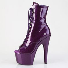 7" High Heel, 2 3/4" Platform Lace Up Ankle Boots. Peep Toe Front And Inner Side Zipper Closure. Purple Glitter Faux Patent Leather. Styles: Clubbing Party Formal Dance Roda-1021gp Shimmer High Heel Boots For Night Out, High Heel Shimmer Boots For Night Out, Glitter High Heel Boots Fitted, Fitted High Heel Glitter Boots, Fitted Glitter High Heel Boots, Glamorous Open Toe Heels For Winter, Glamorous Winter Platform Boots, Glitter High Heels For Winter, Glamorous Winter Platform Heels