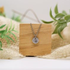 a small wooden box with a silver necklace on it and a plant in the background