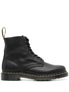 Ambassador black calf leather grained texture logo pull-tab at the heel ankle-length front lace-up fastening round toe branded leather insole flat rubber sole Dr Martens 1460 Pascal, Dr Martens Black, Shoes Uk, Platform Boots, Dr. Martens Boots, Black Ankle Boots, Dr. Martens, Boot Shoes Women, Calf Leather