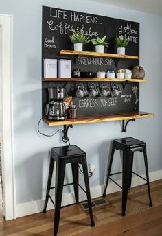 Coffee Corner Ideas In Living Room, Coffee Bar Ideas Rustic, Floating Shelves Coffee Bar, Coffe Corners Ideas, Wall Coffee Bar, Unique Home Decor Ideas, Bar Design Home, Bar Deco