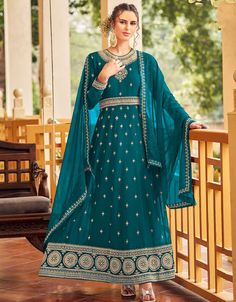 Firozi Faux Georgette Pant Anarkali Eid Anarkali Choli With Zari Work, Floor-length Churidar With Zari Work For Diwali, Diwali Floor-length Churidar With Zari Work, Anarkali Choli For Eid, Floor-length, Festive Anarkali Churidar In Georgette, Festive Full-length Embroidered Dupatta, Anarkali Georgette Churidar For Diwali, Eid Anarkali Set With Pallu, Eid Anarkali Semi-stitched Churidar