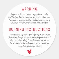 a round sticker with the words burning instructions written in red ink on white paper