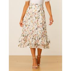 Featuring pretty ditsy floral prints, this midi skirt is a summer option that can be worn with just about anything. Channel elegant style in this midi skirt which is beautifully printed with a blossom pattern for a versatile look. It is made of lightweight fabric, adding definition to the free-flowing design. Falling to a waterfall midi hem, it sits high on the waist with a discreet side zip fastening. Summer days call for effortlessly feminine styles like skirts. Summer Ruffle Hem Midi Skirt, Flowy Summer Midi-length Bottoms, Summer Tiered Maxi Skirt For Brunch, Summer Brunch Maxi Tiered Skirt, Summer Brunch Tiered Maxi Skirt, Feminine Midi Length Bottoms With Ruffles, Flowy Ruffled Midi Length Skirt, Ruffled Midi Skirt For Spring, Spring Chiffon Flared Skirt