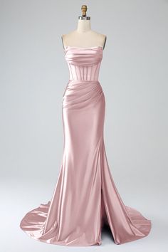 Zapakasa Women Pink Prom Dress Mermaid Strapless Beaded Pleated Long Evening Dress With High Slit Pink Prom Dress Mermaid, Book Dresses, Md Dresses, Blush Pink Prom Dress, Prom Vibes, Debs Dresses, Pink Prom Dresses Mermaid, فستان زهري, Prom Dress Inspo