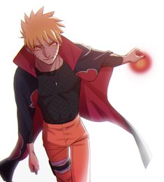 an anime character in red pants and black shirt holding his arms out to the side