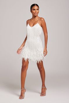 LOTTIE White Embellished Dress | NADINE MERABI White Dress With Feathers, 100k Celebration, White Embellished Dress, Lottie Dress, White Beaded Dress, Dress With Feathers, Nadine Merabi, Beaded Fringe, Embellished Dress