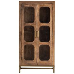 an old wooden cabinet with glass doors on the front and bottom, against a white background