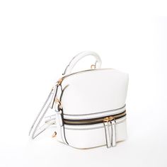 The Ashley Small white leather backpack purse is a fresh new take on the original Ashley. This stylish leather convertible all white backpack is a fun, practical alternative to your traditional designer handbag. With ease, you can convert it from a backpack style to a crossbody bag or shoulder bag making this your new go-to bag. Made with genuine pebble leather, gold zippers, and leather tassels. This white purse includes a zipped front pocket, back pocket, middle compartment, and a cell phone s Luxury White Satchel For On-the-go, On-the-go Backpack With Top Handle And Zipper, On-the-go Backpack With Zipper Closure And Top Handle, White Top Handle Bucket Bag For Travel, Leather Crossbody Backpack For Errands With Zipper, White Travel Satchel With Removable Pouch, White Crossbody Bucket Bag For On-the-go, White Satchel For Everyday Use, White Backpack Shoulder Bag For Everyday Use