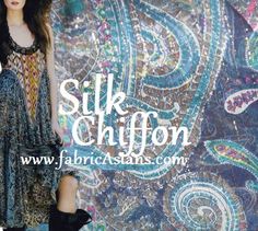 a woman standing in front of a colorful background with the words silk chiffon