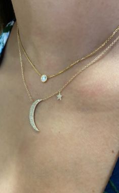 "14kt gold, total weight approx. 2.5 grams, Single-cut round diamonds total weight 0.28 ct. G-H color, SI2 clarity. GIA standards Crescent moon and star necklace is the perfect statement necklace for any occasion & has just the right amount of bLing. This necklace is currently available in your choice of 14k yellow, white or pink gold and comes on an adjustable 16\" --> 17\" --> 18\" cable chain with barrel clasp. **Specifics** 14kt gold, total weight approx. 2.5 grams Single-cut round Celestial Diamond Jewelry With Single Diamond, Celestial White Gold Jewelry With Single Diamond, Celestial Style Jewelry With Brilliant Cut, Celestial Style Jewelry With Round Cut Diamond Accents, Celestial Jewelry With Round Cut Diamond Accents, White Crescent Diamond Jewelry, Celestial White Gold Jewelry With Brilliant Cut, Celestial Diamond White Jewelry With Rose Cut Diamonds, Gold Moon-shaped Diamond Jewelry