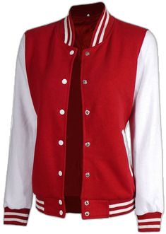 White Varsity Jacket With Button Closure, White Varsity Jacket With Baseball Collar For Fall, Winter Cotton Varsity Jacket With Button Closure, Red Varsity Jacket With Ribbed Cuffs For Fall, White Varsity Jacket With Pockets For Winter, White Cotton Varsity Jacket With Button Closure, School White Cotton Varsity Jacket, White Cotton Varsity Jacket For School, Red Cotton Varsity Jacket With Ribbed Cuffs