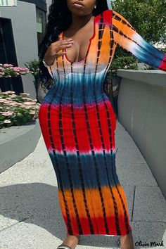 Olivia Mark - Orange Striped U-Neck Pencil Skirt Dress for Women Spring Bodycon Dress With Pencil Skirt Stretch, Multicolor Maxi Bodycon Dress For Spring, Multicolor Maxi Length Bodycon Dress For Spring, Non-stretch Long Sleeve Summer Bodycon Dress, Multicolor V-neck Bodycon Dress, Fitted Multicolor Bodycon Dress For Fall, Casual Pencil Skirt Dresses For Spring, Multicolor Knee-length Bodycon Dress For Spring, Spring Multicolor Knee-length Bodycon Dress