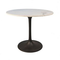 an oval marble dining table with black metal base and white marble top, viewed from the front