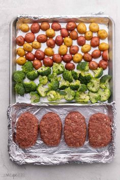 meatloaf with broccoli, potatoes and lemons on tin foil