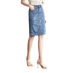 Add a touch of aged glamour to your wardrobe with our 2023 Spring-Summer Collection Knee-Length Casual Denim Skirt! Crafted with premium quality denim and featuring a distinctive distressed pattern. this midi skirt is designed to flatter your figure and ensure you stand out from the crowd.Why You'll Love It: High-Rise Design: A chic tall-waistline ensures you look on-vibe and feel relaxed all day. Versatile Style: Perfect for parties. festivals. or just casual days out. this skirt is the ultimat Non-stretch High Waist Denim Skirt For Spring, Spring Knee-length Denim Blue Skirt, Fitted Knee-length Denim Jeans, Non-stretch Mid-rise Denim Skirt For Spring, Chic Non-stretch Denim Skirt, Spring Straight-leg Denim Blue Skirt, Trendy Mid-rise Denim Blue Skirt, Chic Non-stretch Medium Wash Denim Skirt, Knee-length Jeans With Pockets For Summer