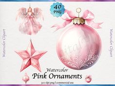 watercolor pink ornaments with angel wings and star ornament clipart for commercial use