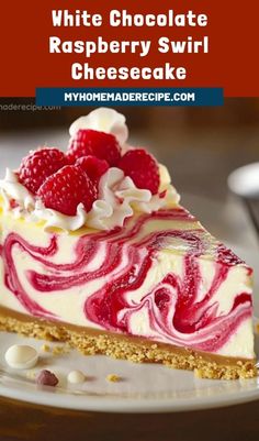 a white chocolate raspberry swirl cheesecake on a plate