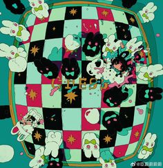 an image of some cartoon characters on a checkerboard background with the word hello kitty