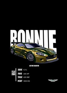 a gold and green sports car with the word ronnie on it's side