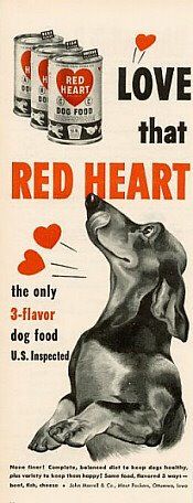 an advertisement for red heart canned dog food