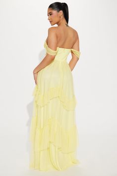 Available In Yellow. Chiffon Gown Off Shoulder Short Sleeves Padded Bra Cups Tiered Skirt Ruffle Trim Hidden Back Zipper Lined Stretch Self: 100% Polyester Lining: 100% Polyester Imported | Enchanted Night Chiffon Gown Dress in Yellow size Large by Fashion Nova Summer Chiffon Dress For Prom, Flowy Chiffon Summer Prom Dress, Summer Chiffon Flowy Dress For Prom, Flowy Chiffon Dress For Summer Prom, Flowy Summer Chiffon Dress For Prom, Fitted Floor-length Chiffon Dress For Beach, Fitted Floor-length Chiffon Beach Dress, Sheer Chiffon Evening Dress For Summer, Summer Sheer Chiffon Party Dress