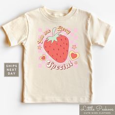 You Are Berry Special Strawberry Toddler Tee, Kids Shirt or Baby Onesie®. Little Peekoos™ is the place to find trendy, funny and cute Onesie's®, toddler tees, kid's shirts and raglan's for your baby, toddler, or young child which are perfect for photographs, family trips or your holiday celebration. Our goal is to provide Cute Kids Clothes with Fun Expressive Designs for all occasions. Our trendy and custom designs are professionally printed in house and ships either same day or next business da Cute Cotton T-shirt With Funny Print, Cute Pink T-shirt With Funny Text, Sweet Graphic Print Birthday T-shirt, Sweet Cotton T-shirt For Gifts, Cute Birthday T-shirt With Funny Text, Sweet Graphic Print T-shirt For Birthday, Sweet Cotton T-shirt As Gift, Cute Cotton T-shirt With Cartoon Print, Sweet Cartoon Print Short Sleeve Tops