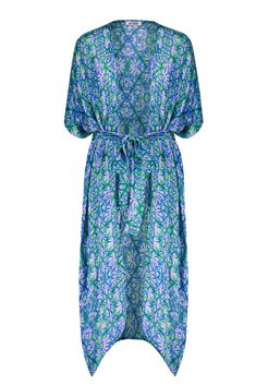 Wrap yourself in the elegance of the Akila Kimono Wrap Dress. Meticulously crafted from an exquisite blend of cashmere and modal, this dress envelops you in a softness that is simply unparalleled. Its versatility allows for effortless transitions from a chic dress to a stylish beach cover-up, or as the ultimate loungewear for refined relaxation. Breathable and soft semi-sheer fabric with our signature Afro-Caribbean inspired prints Comes with a matching sash/belt and French seam finishing 45” le Printed Loungewear Dress With Kimono Sleeves, Blue Kimono Sleeve Lounge Dress, Green V-neck Kimono Beachwear, Multicolor V-neck Kimono For Loungewear, Kimono Wrap Dress, Afro Caribbean, Bohemian Tie-dye V-neck Kaftan, Easy Wrap, Kimono Wrap