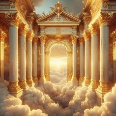 an artistic scene with clouds and columns in the sky