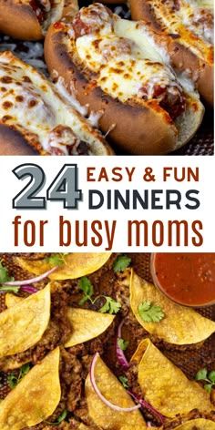 the cover of easy and fun dinner for busy moms, with images of different foods