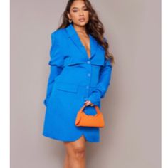 Blue Long Sleeve Blazer Dress Fitted Blue Blazer Dress For Spring, Chic Blue Blazer Dress For Party, Blue Formal Blazer Dress For Spring, Blue Long Sleeve Blazer Dress For Spring, Spring Blue Blazer Dress For Formal Occasions, Blue Fitted Blazer Dress For Spring, Blue Blazer Dress For Spring Party, Spring Formal Blue Blazer Dress, Elegant Blue Blazer Dress For Fall