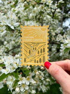 a person holding up a yellow stamp with trees and flowers in the background on a sunny day