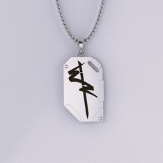 Edgerunner Chip Pendant Engraved White Gold Stainless Steel Jewelry, Symbolic White Gold Jewelry With Box Chain, Engraved Stainless Steel Rectangular Jewelry, Silver Symbolic Rectangular Jewelry, Symbolic White Gold Stainless Steel Jewelry, Cadmium-free Symbolic Silver Jewelry, Silver Rectangular Tarnish-resistant Jewelry, White Symbolic Engraved Jewelry, Symbolic White Engraved Jewelry