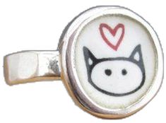 Weird Core, Vitreous Enamel, Cat Ring, Cute Box, Kid Core, Enamel Ring, Cat Drawing, White Enamel, Ring Sterling Silver