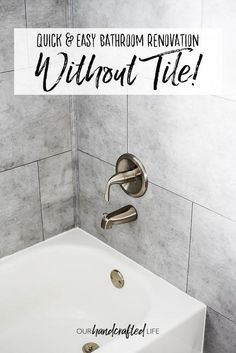 a bathroom sink with the words quick & easy bathroom renovation without tile on it in black and white