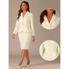 The set features a long-sleeve blazer with a notched lapel design that accentuates the sophisticated look of the suit. The peplum detail on the blazer adds a feminine touch and enhances your curves. It is a must-have choice for your work wardrobe in the new season. The pencil skirt in this set complements the blazer perfectly with its sleek design. It features a high waistline that flatters your figure and creates a professional look. The knee-length cut makes the skirt appropriate for formal an Professional Single Breasted Skirt Suit, Professional Single Breasted Skirt Suit For Office, Professional Single-breasted Skirt Suit For Office, Fitted Notch Lapel Office Lady Sets, Fitted Notch Lapel Blazer For Office, Professional Single-breasted Skirt Suit For Work, Fitted Single Button Suit For Office Lady, Fitted Single Breasted Sets For Workwear, Single Breasted Fitted Sets For Workwear