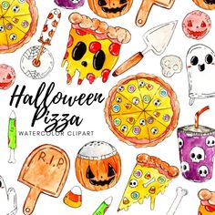 halloween pizza watercolor clipart with pumpkins, ghost faces and other food items