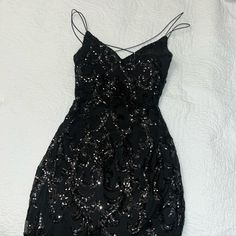 Black Shiny Party Dress From Windsor Brand New Black Sequined Mini Dress For Prom, Black Sleeveless Mini Dress For Evening, Black Mini Dress For Prom Evening, Dressy Party Dress With Spaghetti Straps, Black Sequin Dresses For Night Out, Black Mini Dress For Prom Season Night Out, Black Dress For Holiday Party Season, Black Mini Party-ready Dress, Black Sequined Mini Dress For Holiday Party