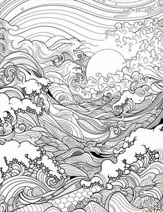 an adult coloring page with waves and sun in the sky, as well as clouds