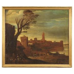 an old painting with a castle in the background