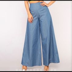 Wide Leg Pants High Rise 32”Length 100% Cotton Washed Blue Non-stretch Straight Leg Bottoms, Light Wash Stretch Straight Leg Bottoms, Light Wash Straight Leg Stretch Bottoms, Casual Blue High Waist Flare Jeans, Blue High Waist Casual Flare Jeans, Medium Wash High-waisted Pants For Spring, High-waisted Medium Wash Pants For Spring, Trendy Blue Cotton Wide Leg Pants, Chic High Rise Light Wash Pants