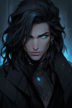 a man with long black hair and blue eyes in the rain, staring at something