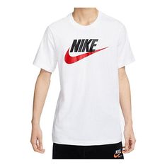 Nike Sportswear Brand Mark T-Shirt 'White' DX1986-101 Crew Neck T-shirt For Light Sports, White Athleisure T-shirt With Logo Print, White Athleisure T-shirt For Sports Season, White Moisture-wicking Short Sleeve T-shirt, Sportswear T-shirt With Graphic Print For Light Sports, White Logo Print T-shirt For Sports Season, Nike Moisture-wicking Sportswear T-shirt, White Graphic Print T-shirt For Light Sports, White Short Sleeve Sportswear T-shirt