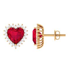 Product Details Turn heads and capture hearts with these adorable Heart Stud Earrings, a must-have addition to your jewelry collection or a thoughtful gift for your beloved. These Fine Earrings feature an 8 MM Heart Shape Lab Created Ruby gemstone set in Prong Setting, encircled by a dazzling Diamond Halo. The combination of deep red hue and sparkling gemstones creates a stunning contrast of color and light. Secured with Screw Back Closure, these Stud Earrings will never go out of style and beco Ruby Stud Earrings, Ruby Earrings Studs, Heart Stud Earrings, Ruby Gemstone, Heart Studs, Heart Earrings Studs, Fine Earrings, Diamond Halo, Halo Diamond