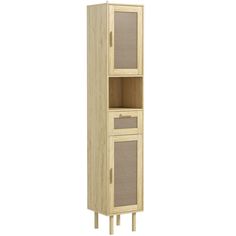 a tall wooden cabinet with two doors on the front and one door open to reveal a shelf