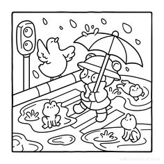 a black and white coloring page with an image of children playing in the rain